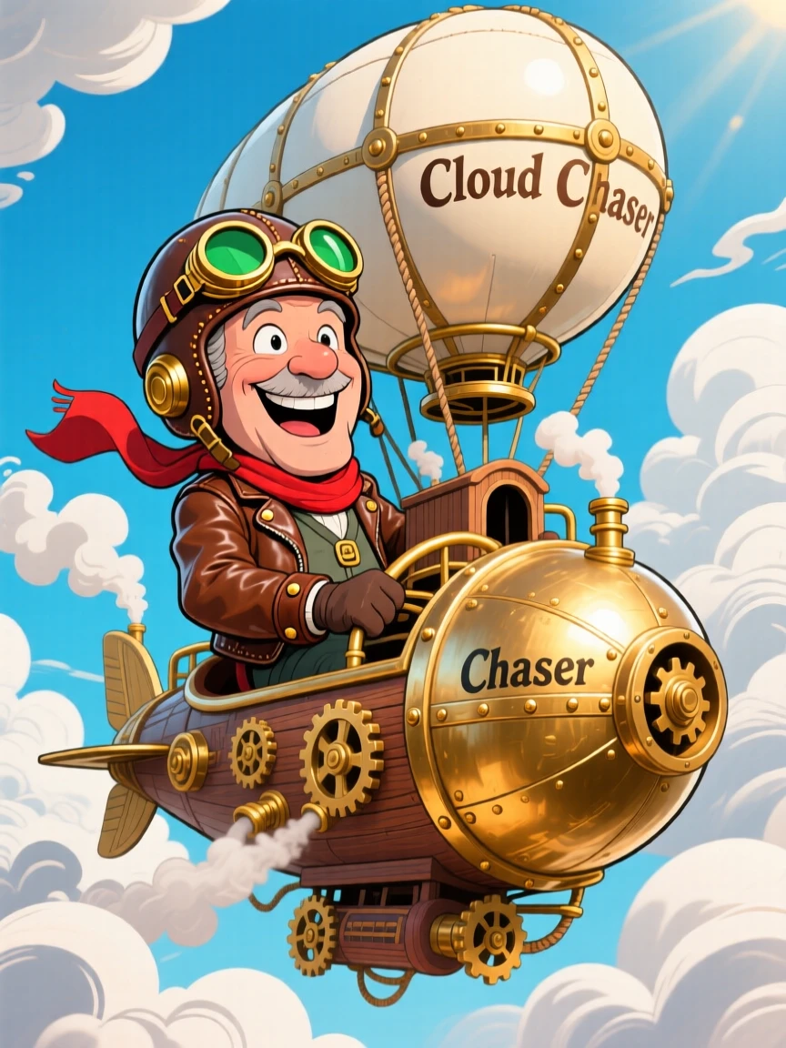 An imaginative fantasy scene of a steampunk aviator piloting a brass-plated airship through billowing clouds.