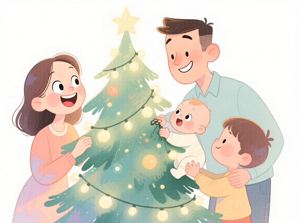 A family with a new baby decorating a Christmas tree with twinkling lights