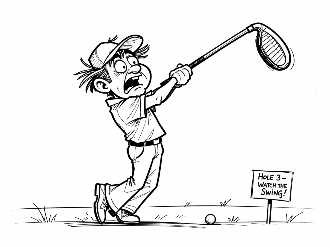 [Funny & Exaggerated Situations] Comical scene of a golfer swinging wildly and missing the ball completely, exaggerated for maximum laughs