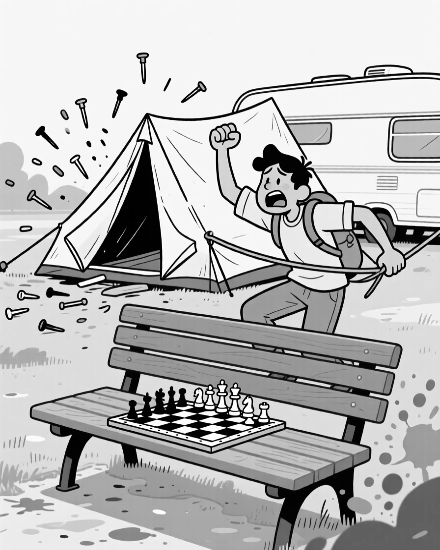 A camper struggling to pitch a collapsing tent, fist-pumping as the pins scatter behind, set at a park bench chessboard. Paint splatters form an accidental abstract masterpiece. It feels like the kind of memory friends laugh about for years.