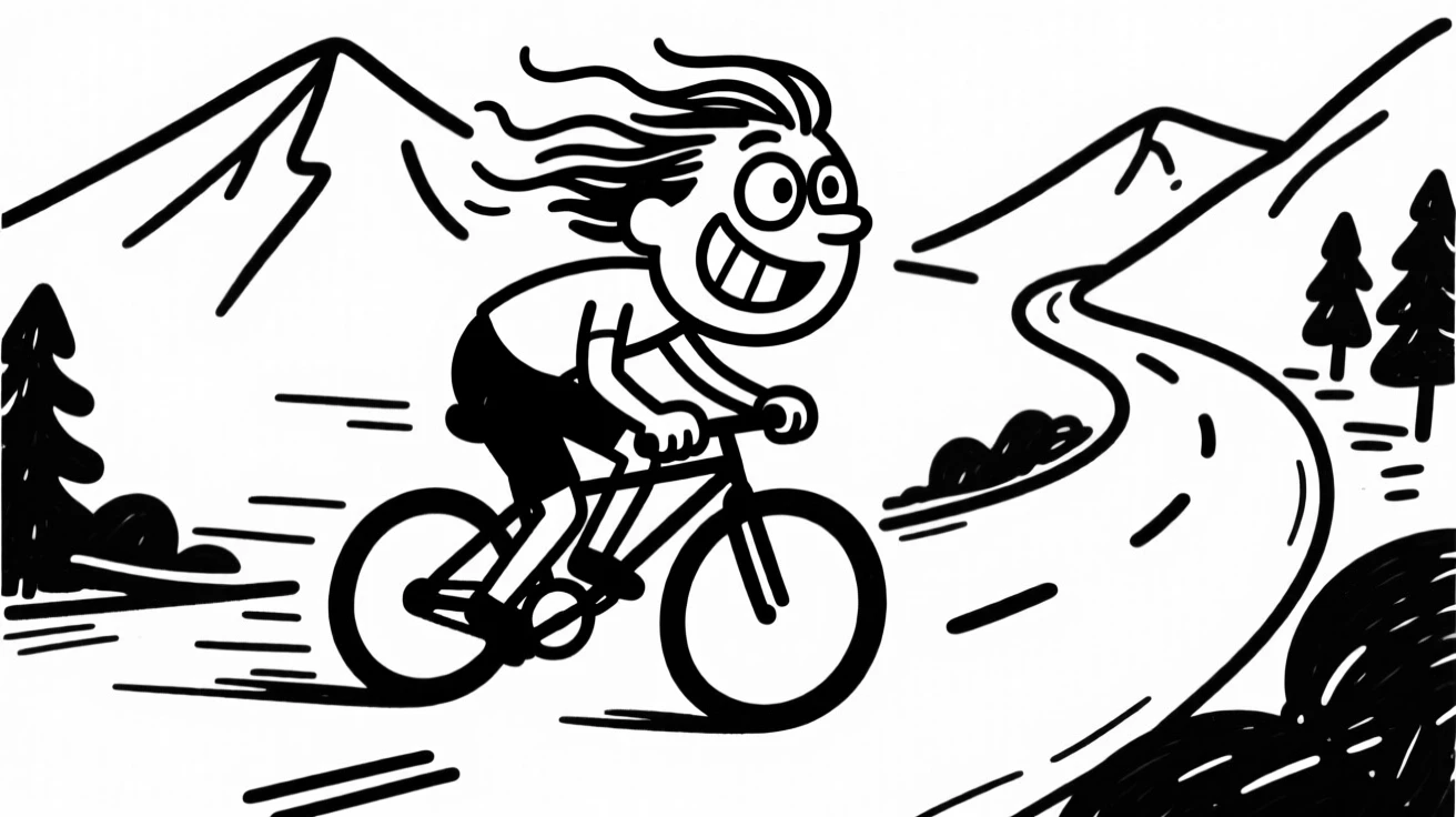 A cyclist speeding down a scenic mountain road, wind in their hair.