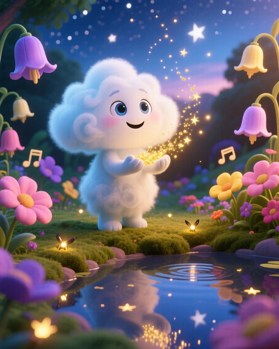 A cloud spirit stands in a garden where flowers chime like bells, catching falling stardust in cupped hands. The atmosphere feels mystical yet warmly inviting, with stars reflected in a nearby pool of water.