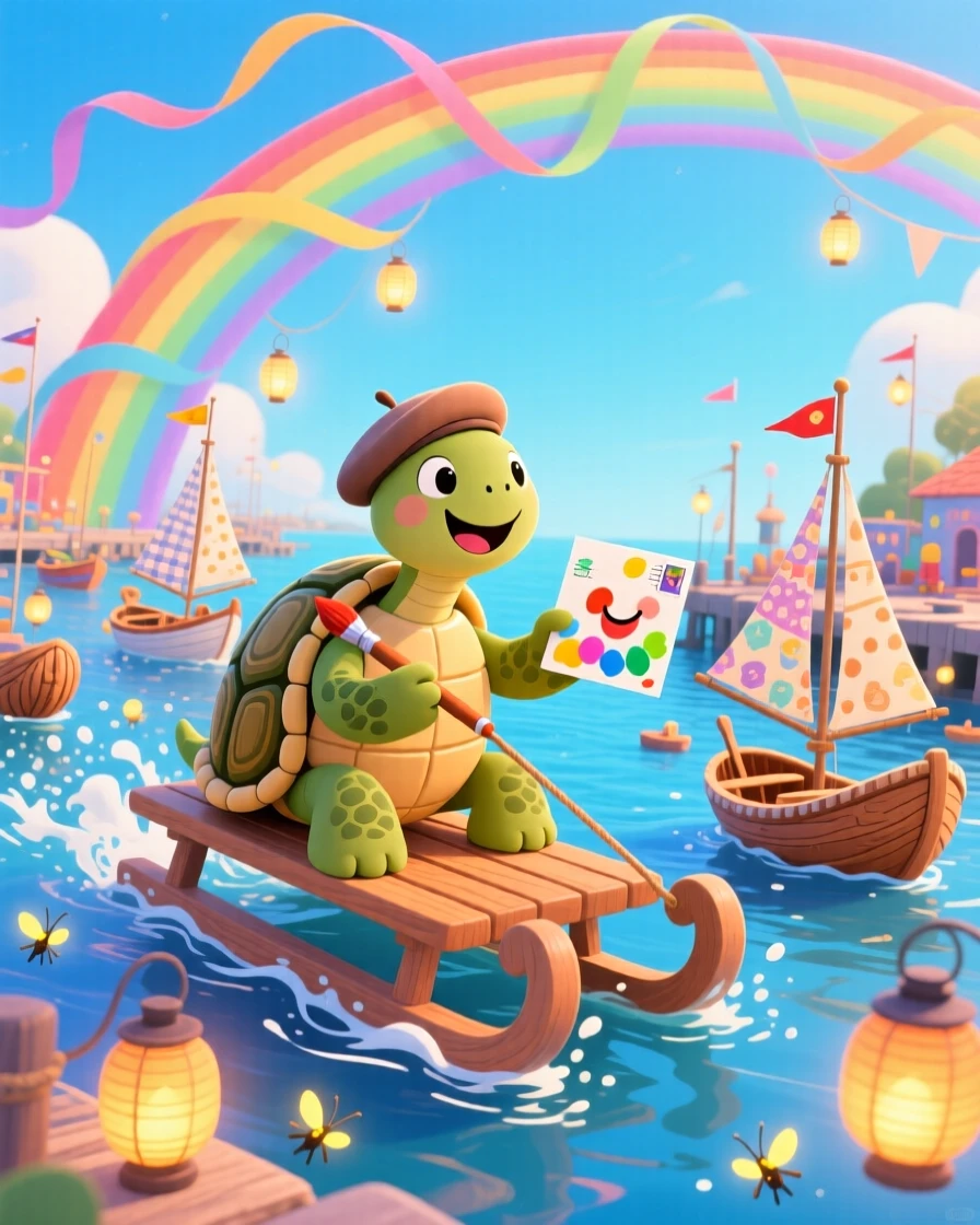 A turtle who paints postcards is sledding down a rainbow made of ribbon in a bustling harbor for walnut-shell boats, while little lanterns bob gently in the wind.