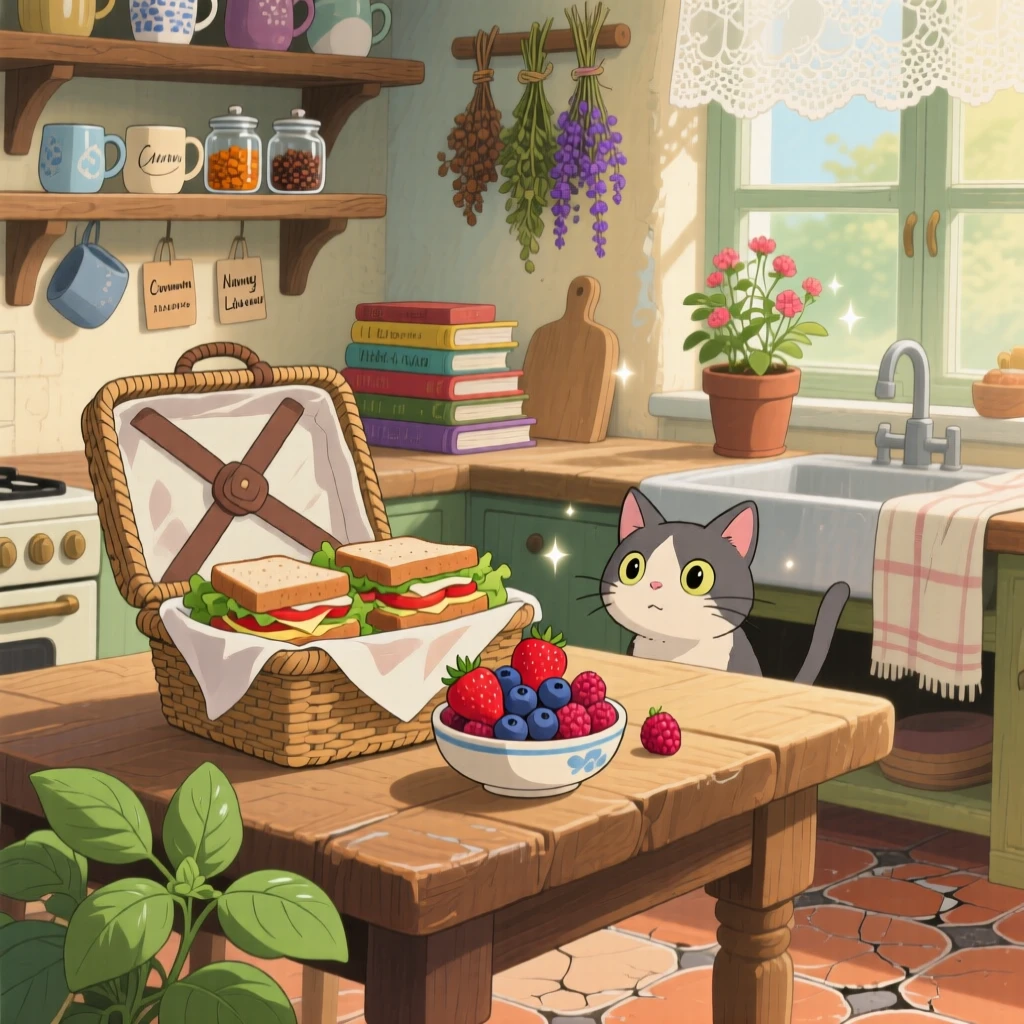 A warm, inviting scene of a picnic basket packed with sandwiches and fresh berries, surrounded by the comforting clutter of a well-loved kitchen.