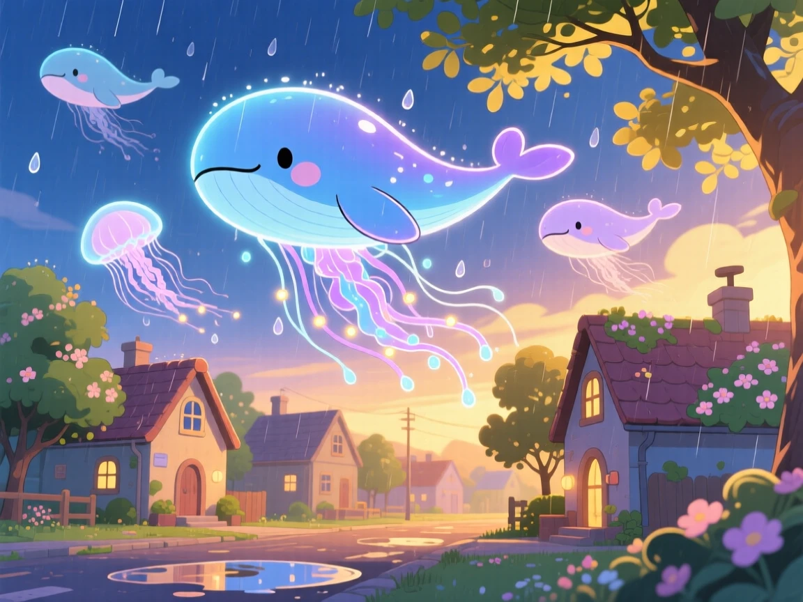 Three-quarter view of a school of glowing jellyfish-like sky whales, drifting slowly over a sleeping village, in a twilight sky above rooftops, during a gentle spring rain shower, illuminated by warm morning light filtering through leaves, radiating triumphant pride.