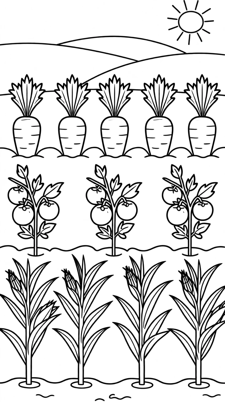A vegetable garden with rows of carrots, tomatoes, and corn