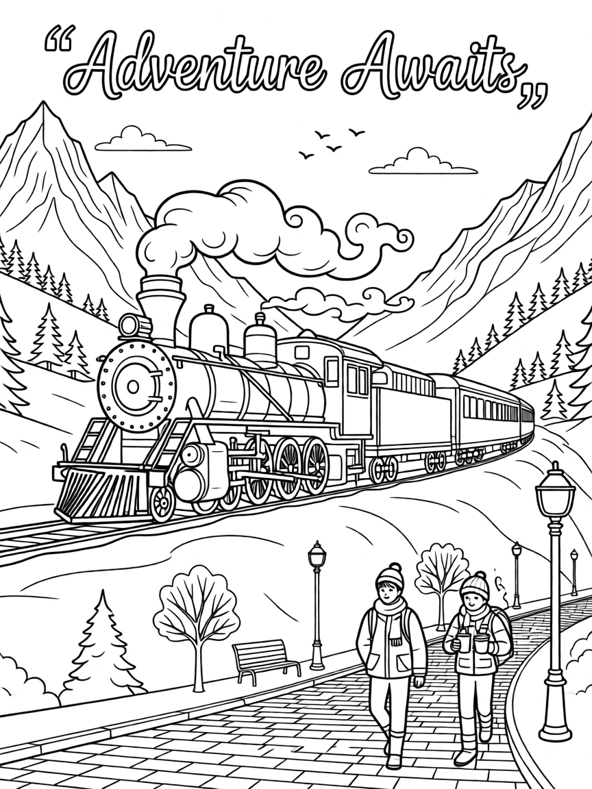 A train cutting through a snowy mountain pass, with cobblestone streets stretching into the distance.