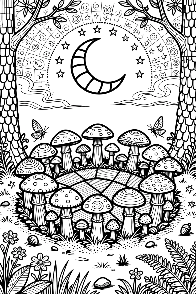 A fairy ring of mushrooms glowing softly under a crescent moon.