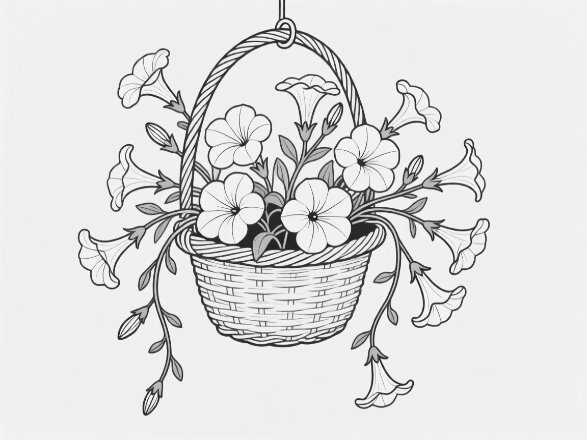 A hanging basket of trailing petunias