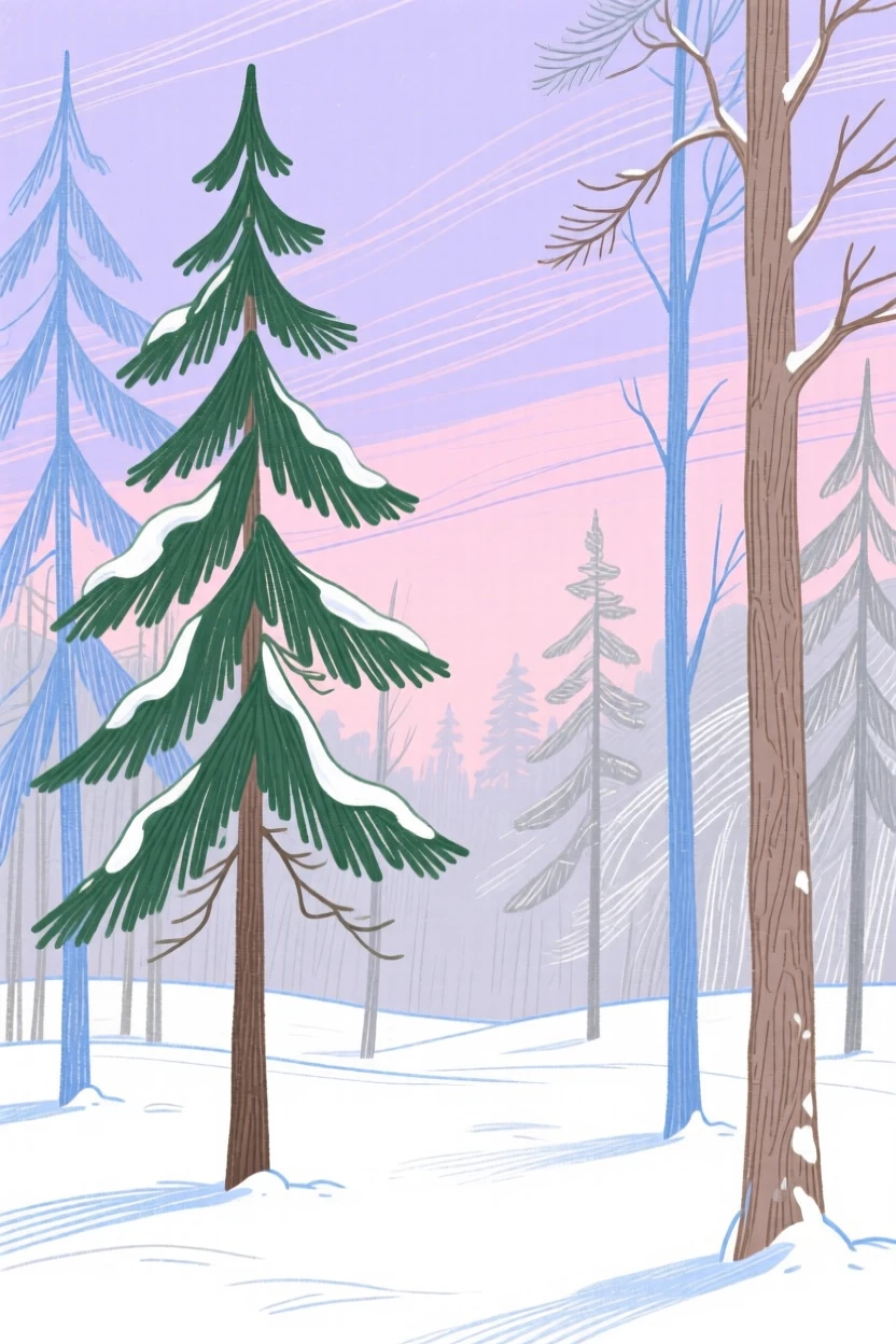 A quiet pine forest blanketed in fresh snow at twilight.