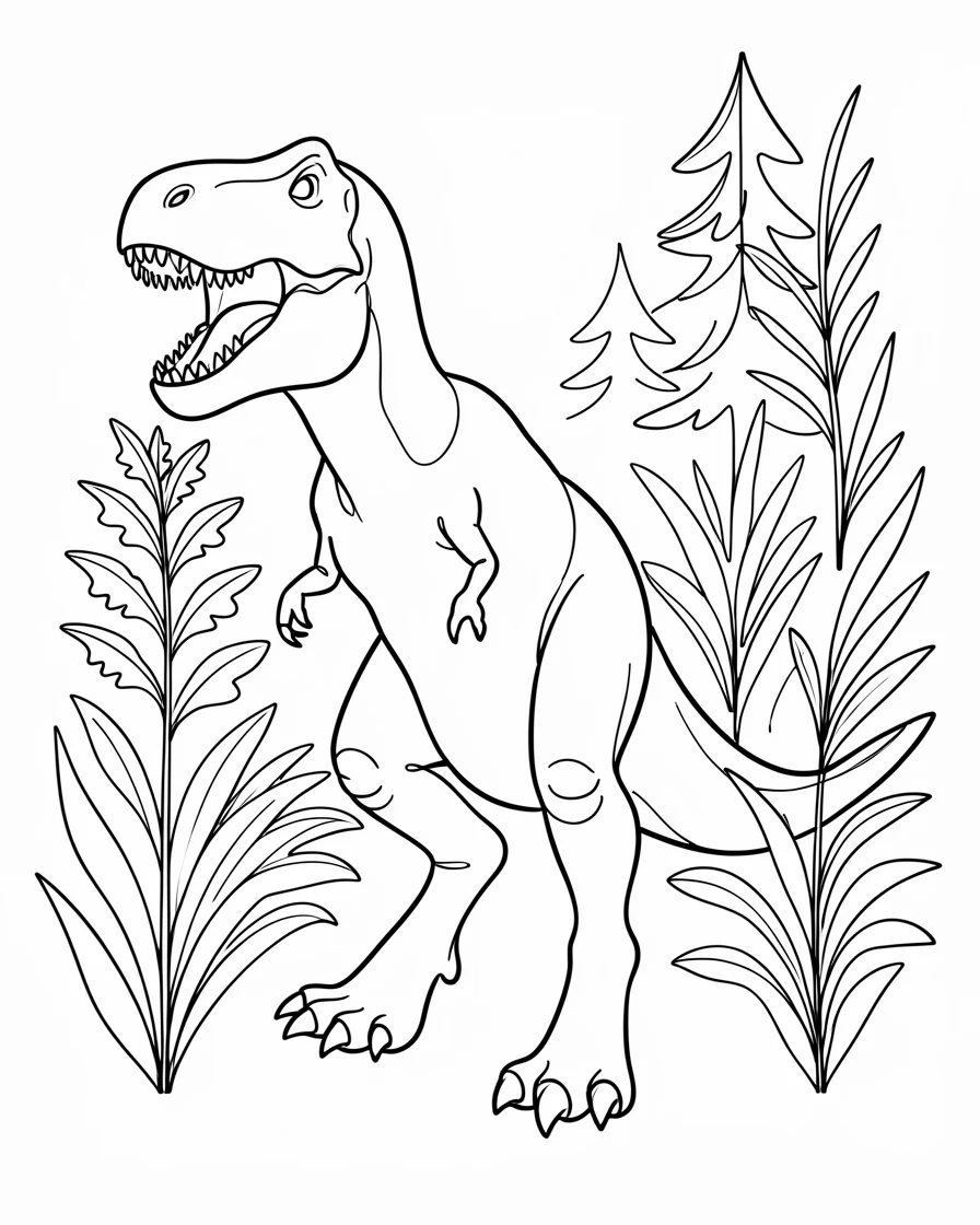 A towering Tyrannosaurus rex standing among a dense prehistoric forest