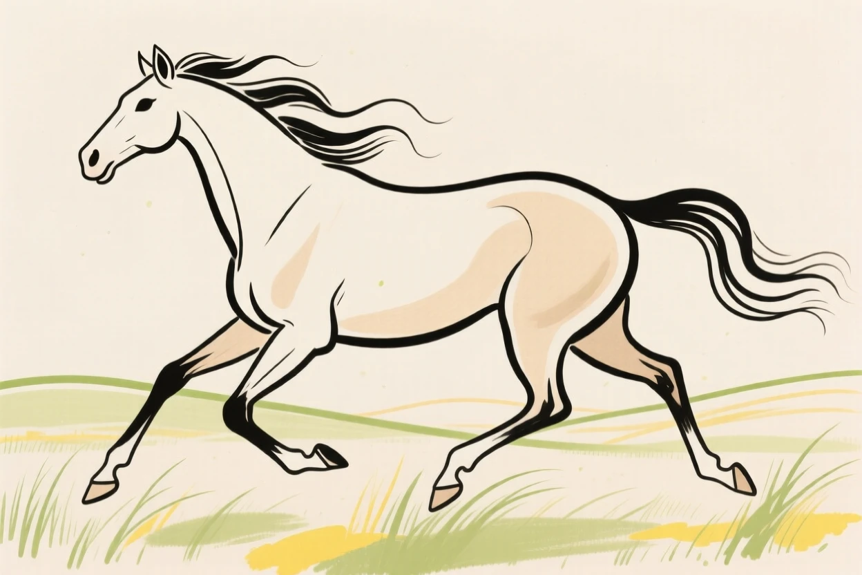 A horse galloping through a field