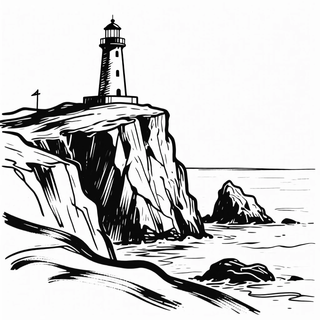 A rugged coastline with a lighthouse standing atop a rocky cliff.