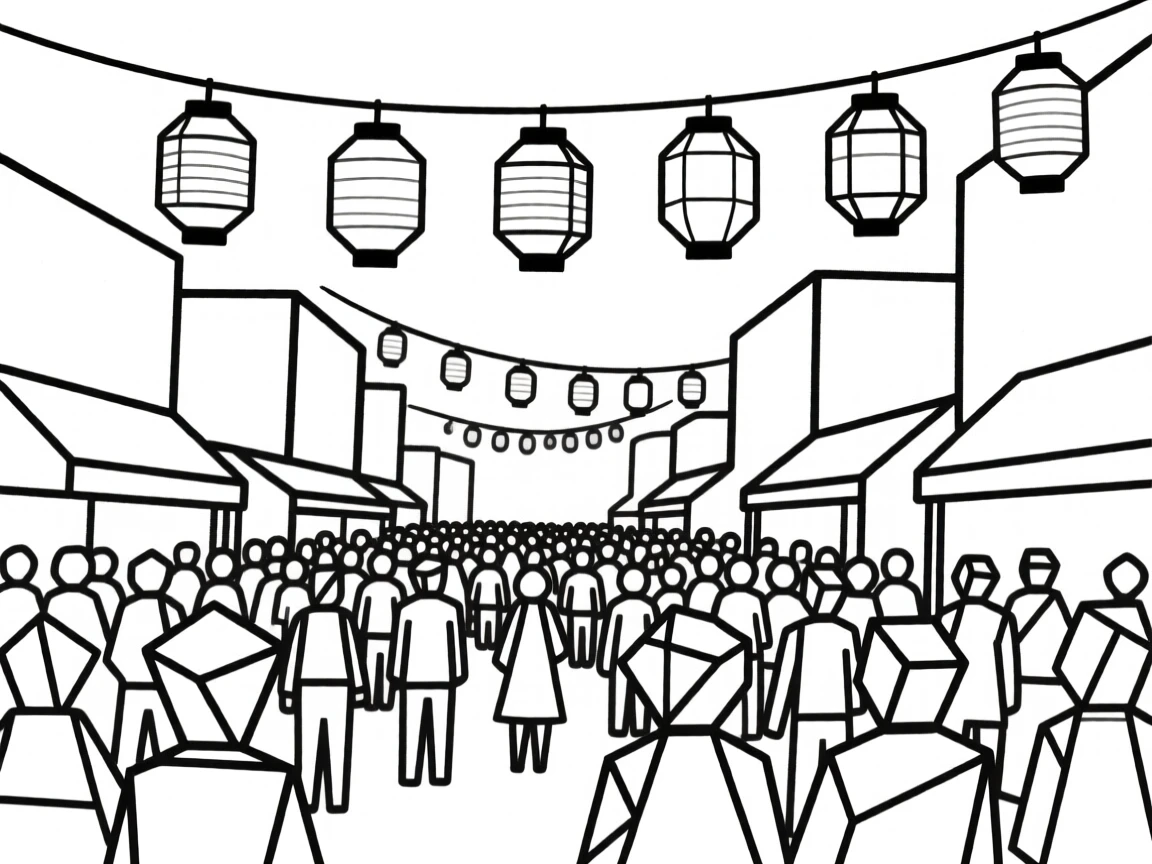A vibrant street festival with lanterns and crowds