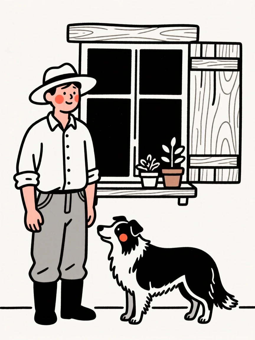 A farmer with a spirited border collie, by a rustic farmhouse window.