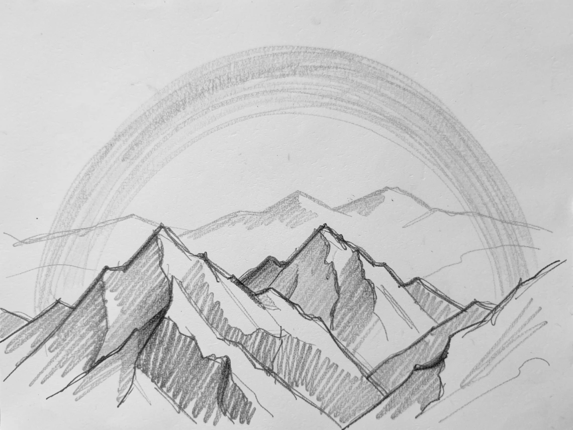 A breathtaking view of a snow-capped mountain range, under a rainbow arching after a storm, with distant mountains fading into haze.