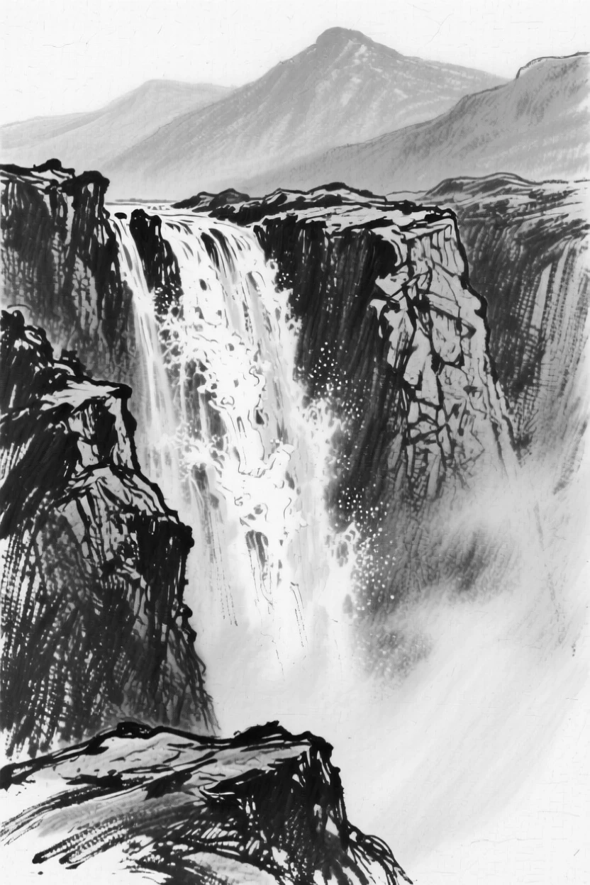 A towering waterfall with distant mountains fading into blue haze.