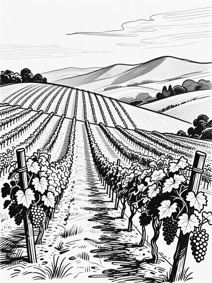 A rolling vineyard landscape with neat rows stretching toward distant hills.