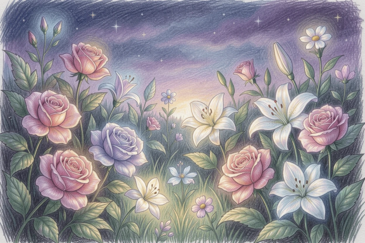 An enchanted garden where flowers glow softly in the twilight, bathed in an otherworldly blend of moonlight and magic, designed to feel enchanting, dreamy, and otherworldly.
