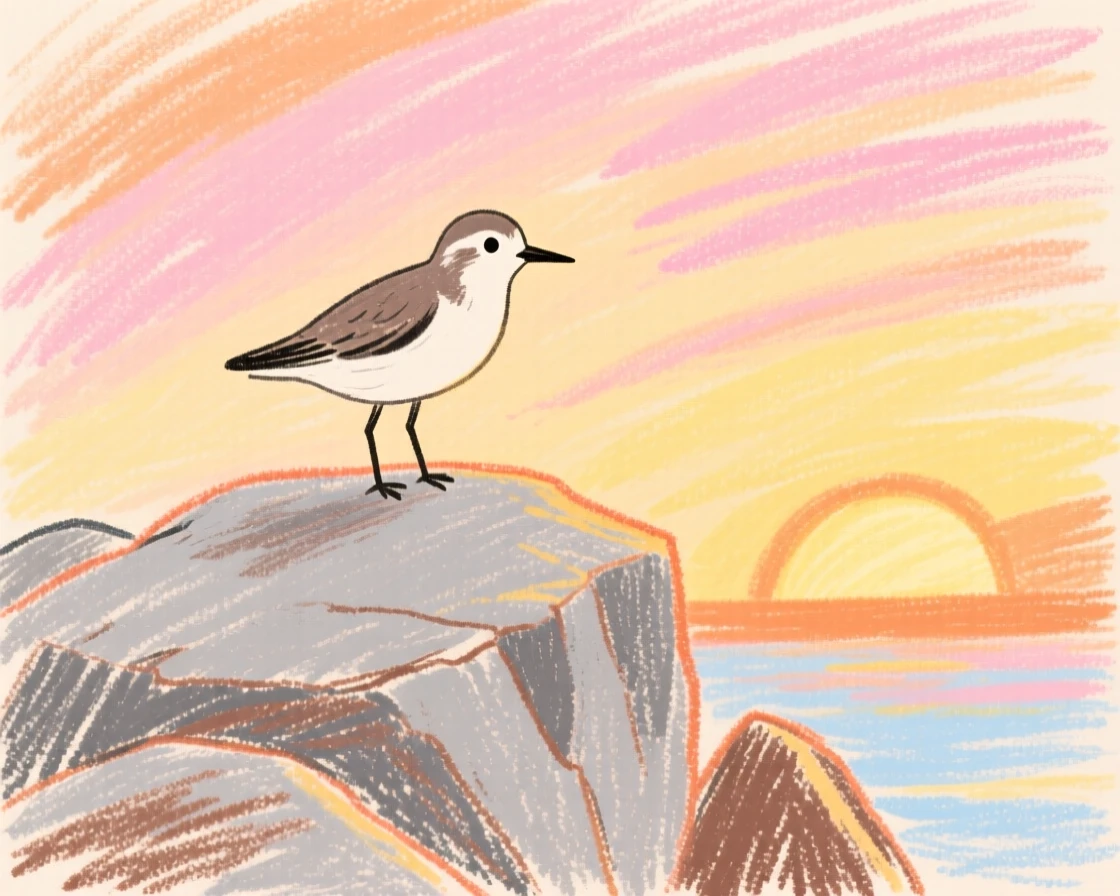 A sandpiper standing alert on a rocky outcrop at sunrise.