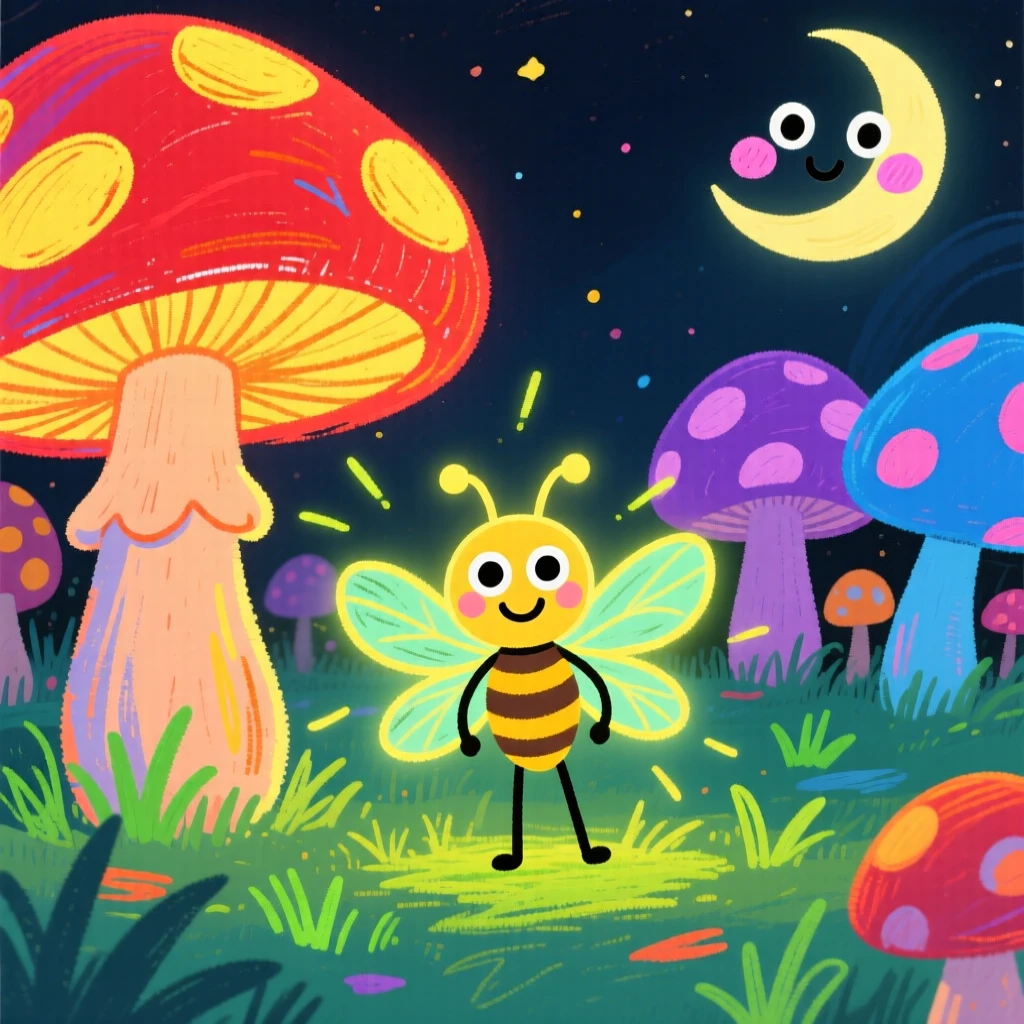 A glowing firefly sprite in a meadow of giant glowing mushrooms.