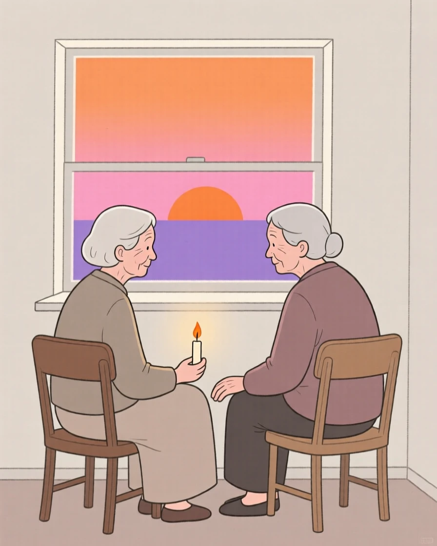 Two grandmother watching the sunset together in a candlelit room, sharing a moment of nostalgic comfort.