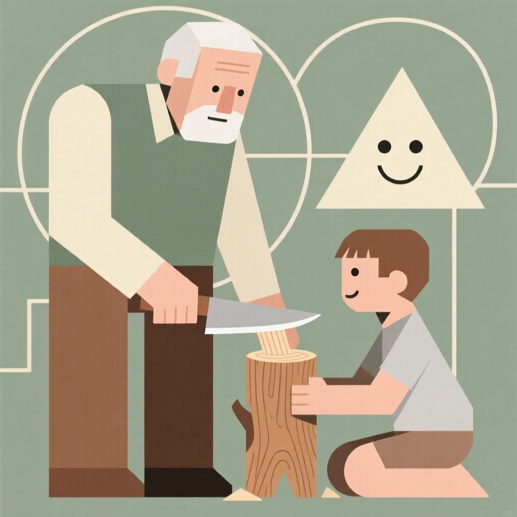 A grandfather teaching his grandson to whittle wood