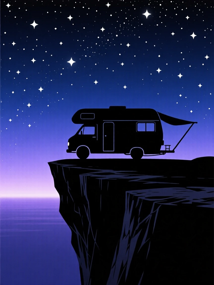 A camper van parked on a cliffside overlook beneath a sky full of stars.
