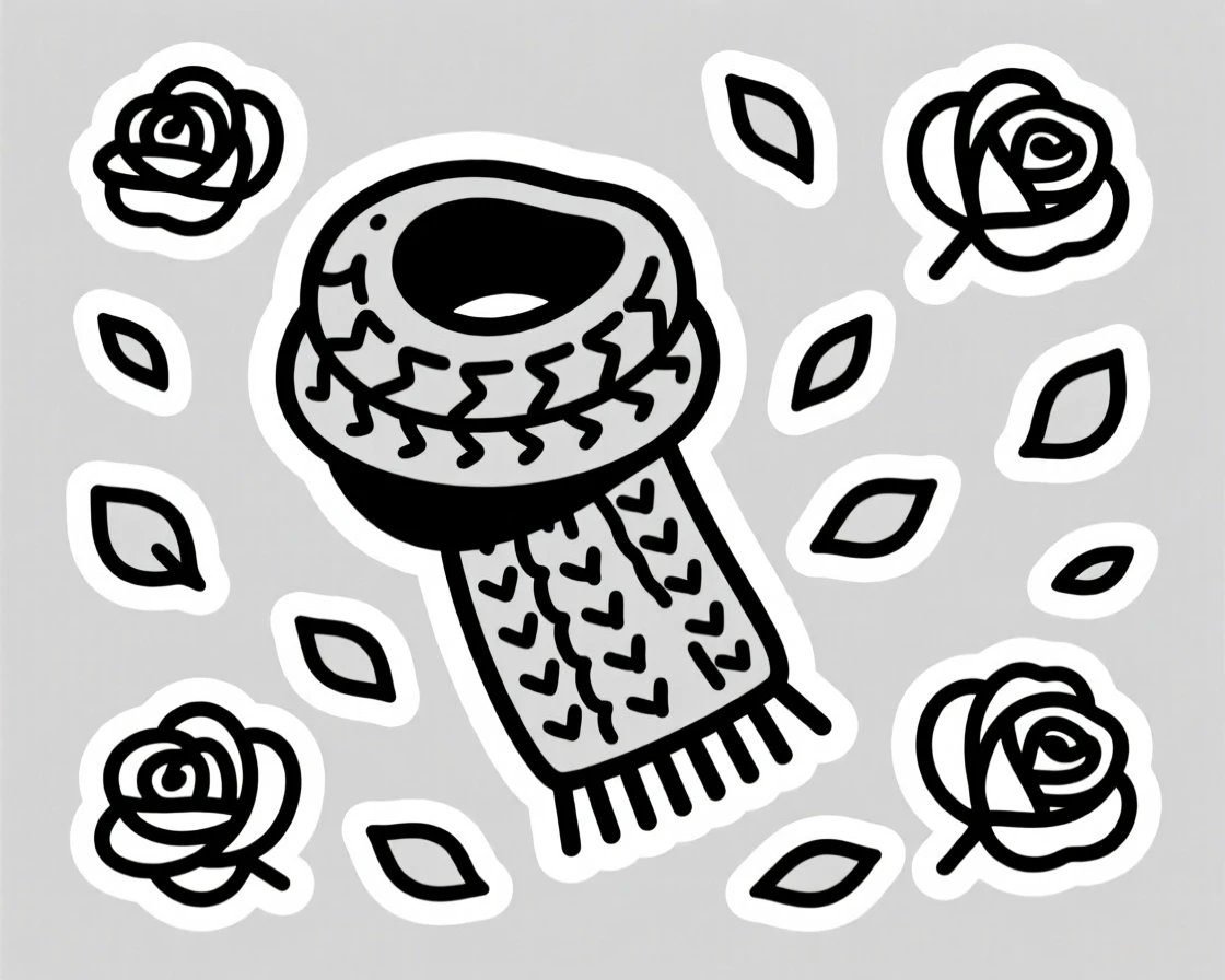 A charming knitted wool scarf, surrounded by scattered rose petals, on a quiet rainy afternoon.