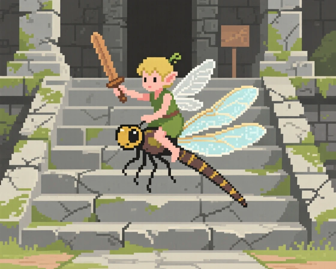 A pixie riding a dragonfly training with a wooden practice sword, on the steps of an old stone temple.