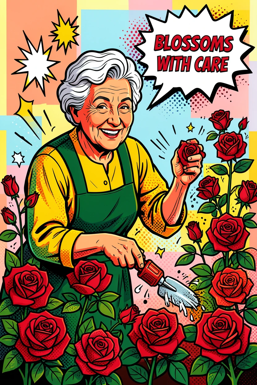An elderly woman tending to a beautiful rose garden