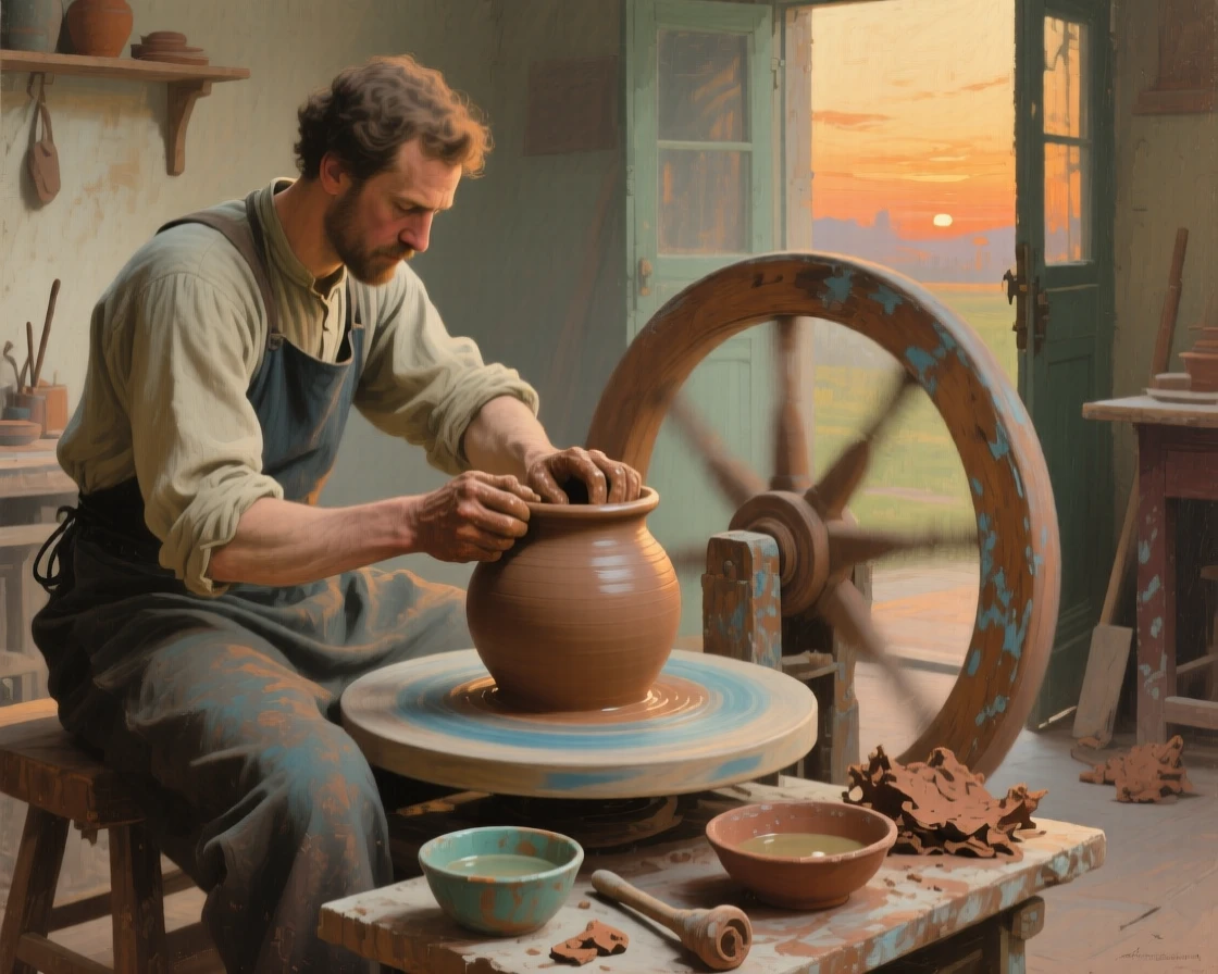 A well-framed scene of a potter shaping clay on a spinning wheel, hands steady and focused, in the last light of sunset, in the 1920s.