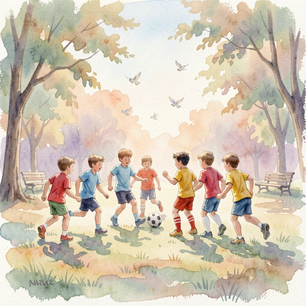 A group of kids playing soccer in a park as birds chirp softly in the background.
