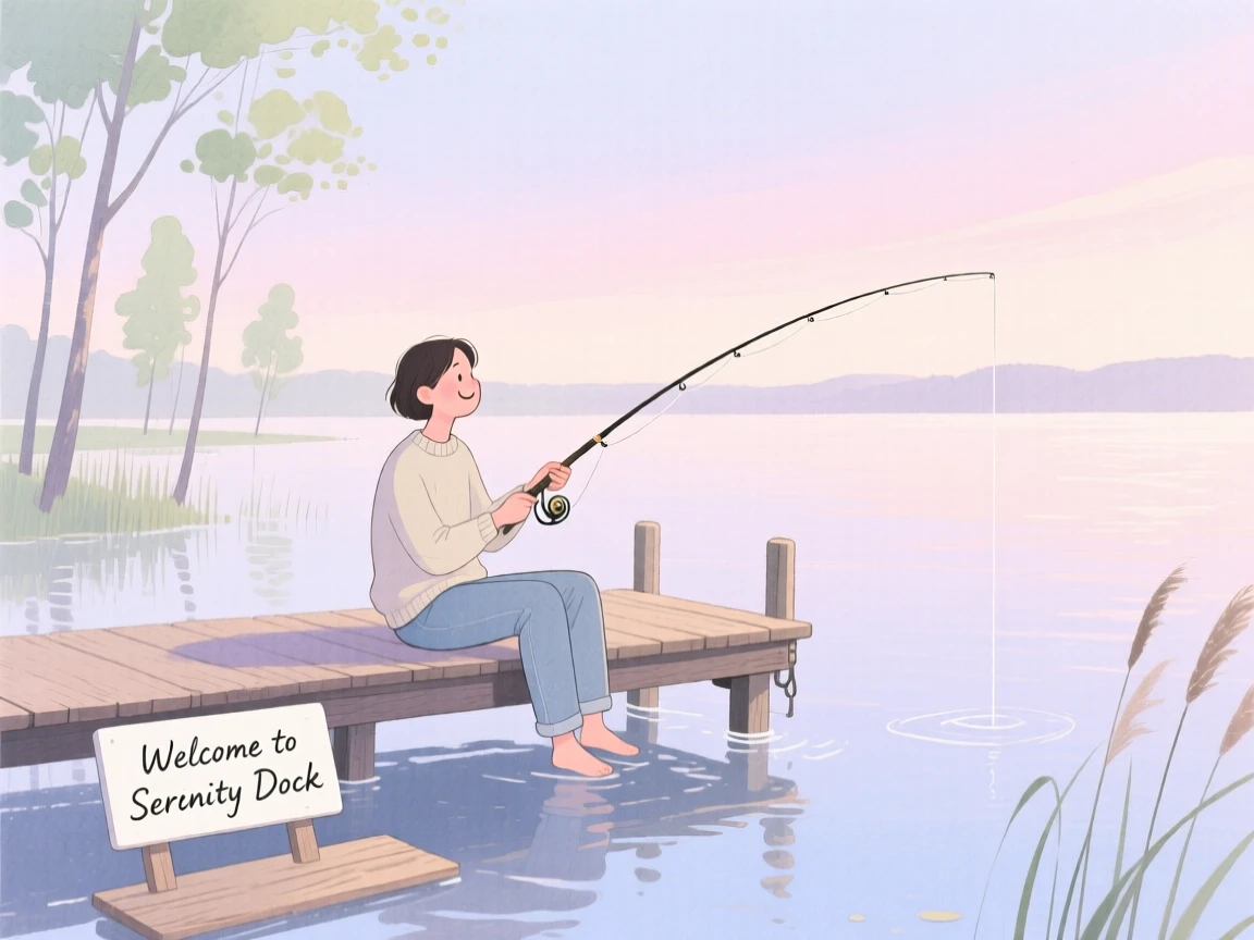 A peaceful scene of someone fishing from a quiet dock on a peaceful morning trail, fully absorbed in a quiet, joyful moment
