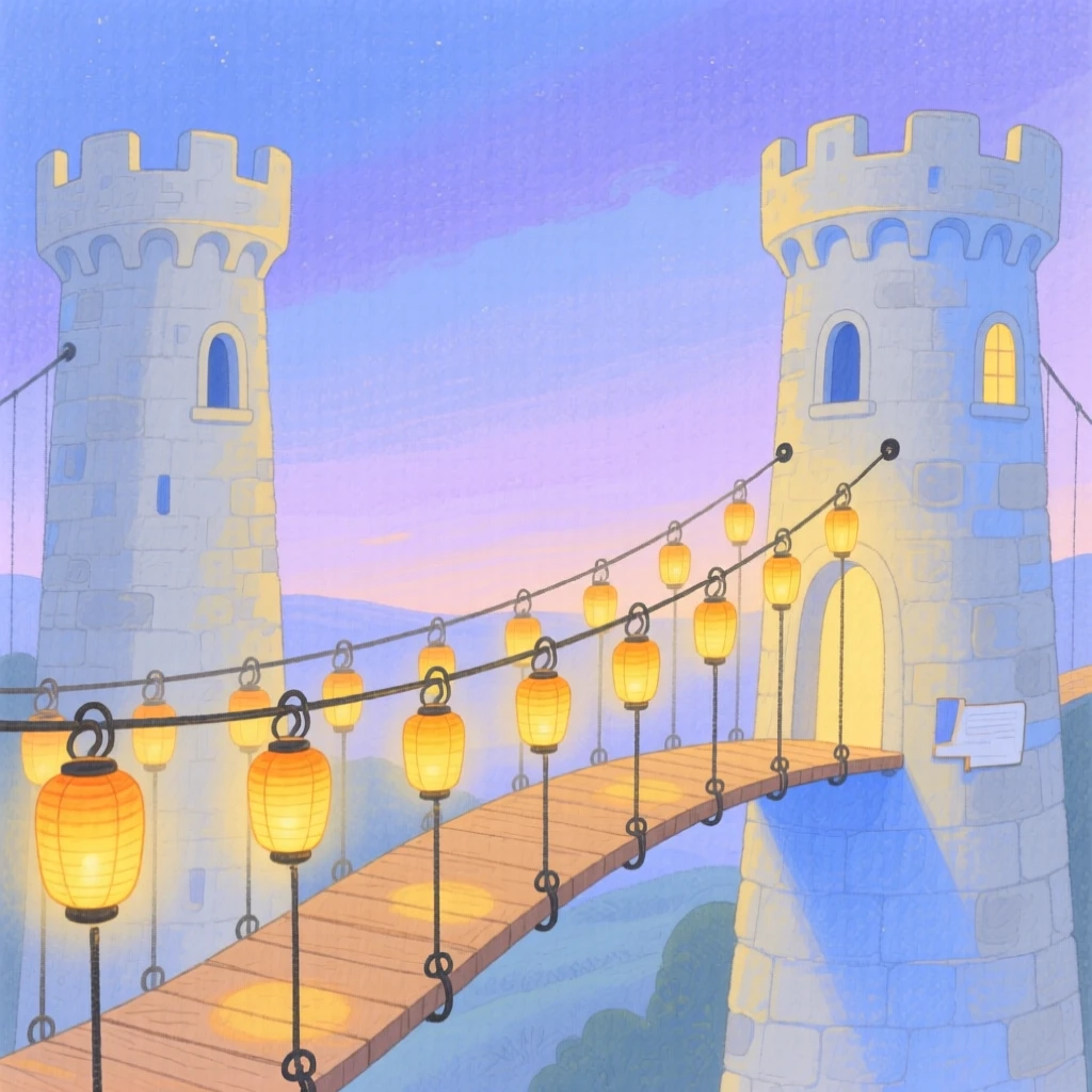 An awe-inspiring look at a glowing lantern-lit bridge between two towers.