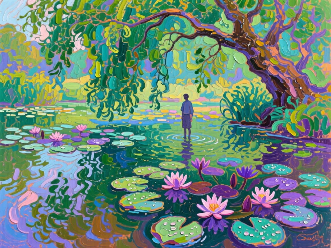 a pond with water lilies beneath a willow, just after watering, from an inviting eye-level viewpoint.