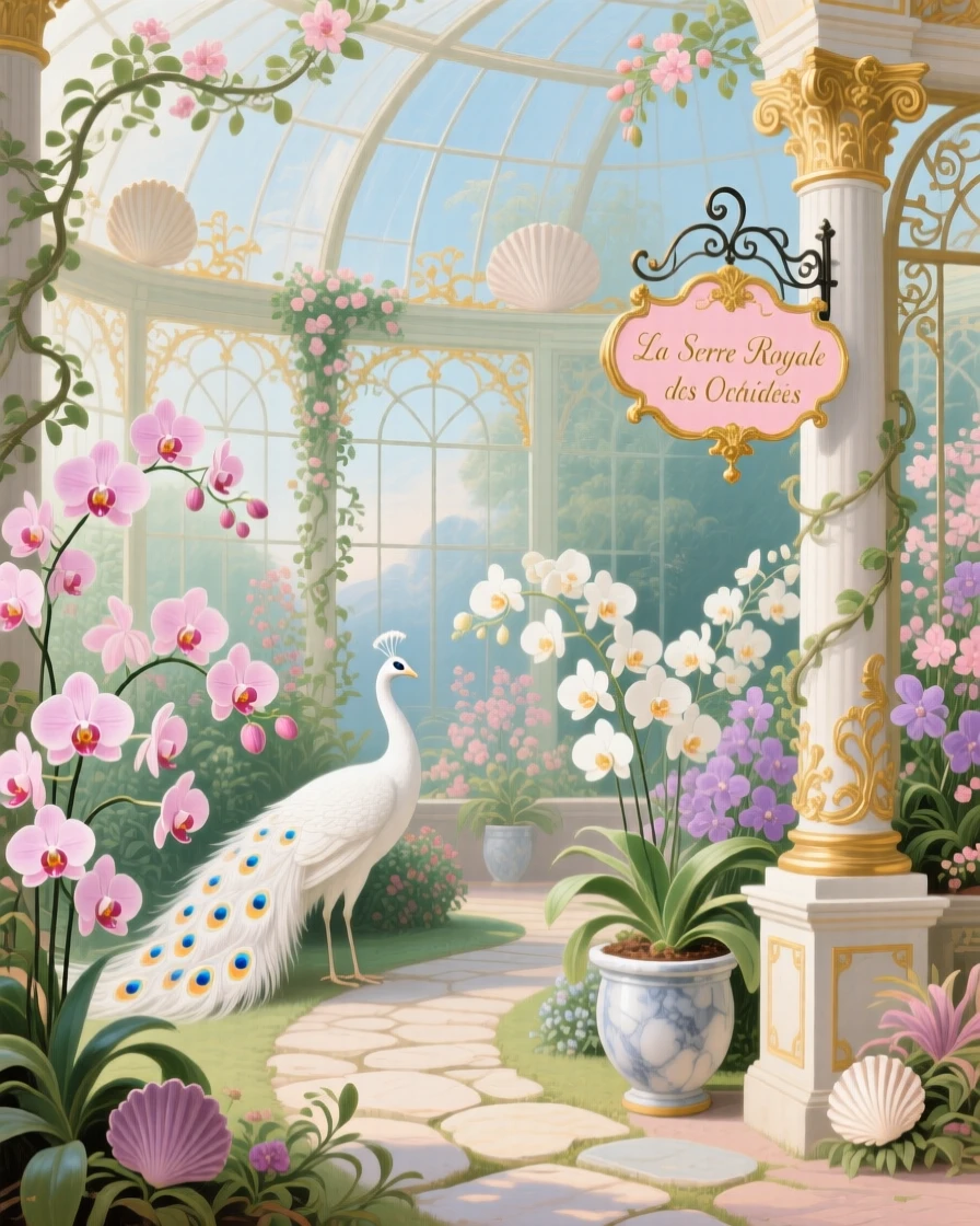 A palace greenhouse filled with orchids, white peacocks, and winding paths  