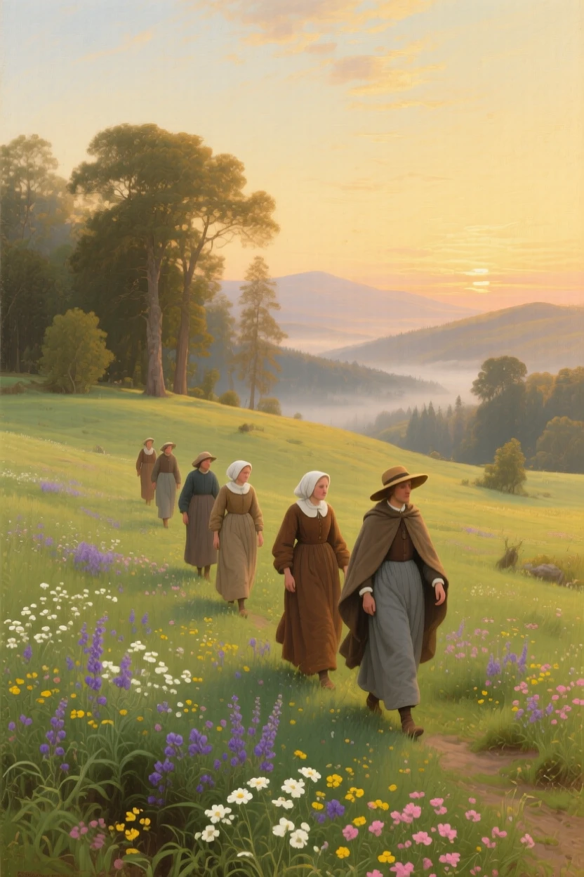 A group of pilgrims walks along a rolling meadow scattered with wildflowers at first light.