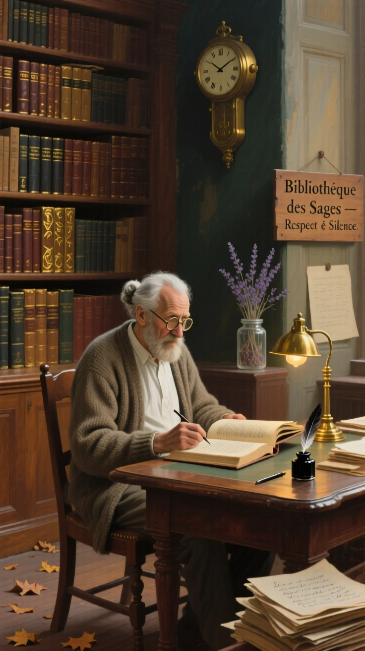 A wise old librarian surrounded by towering shelves of ancient books, surrounded by everyday details that ground the moment in reality, capturing a universal, deeply human moment of emotion