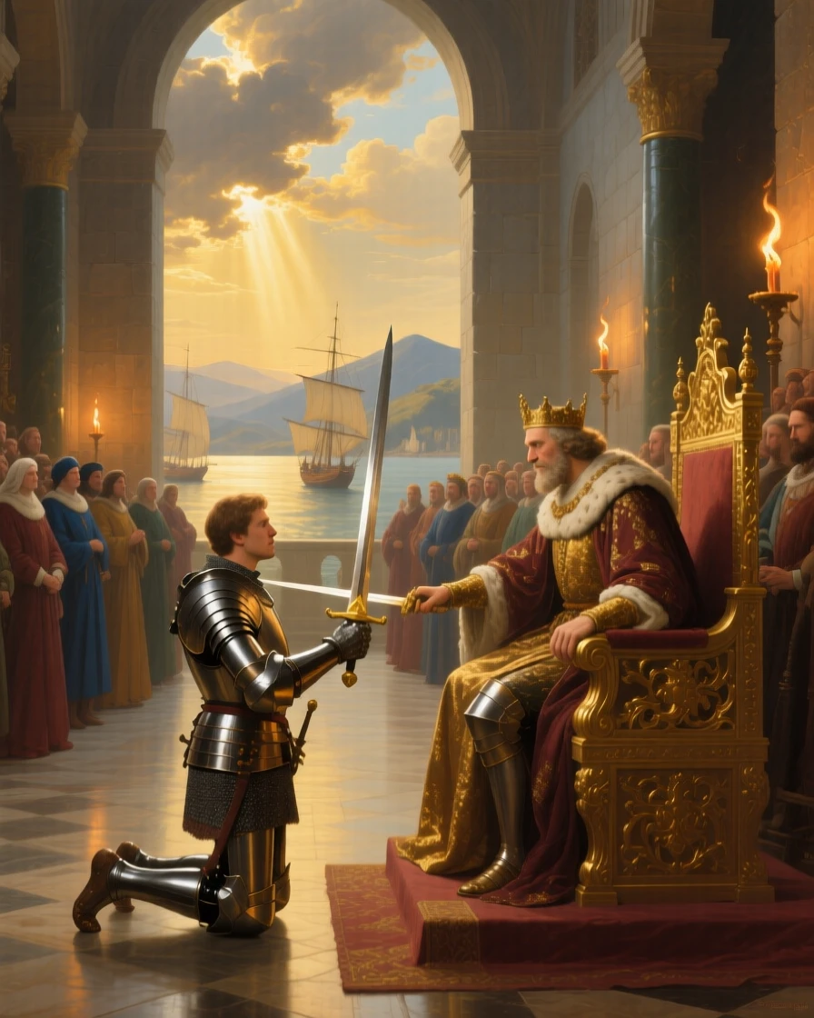 A medieval knight kneeling to receive his sword from a monarch as golden light breaks through the clouds above, set within a torch-lit palace hall of gleaming stone, with distant ships and mountains fading into a golden haze; the crowd forms a natural frame around the central action, evoking awe, destiny, and the weight of history.