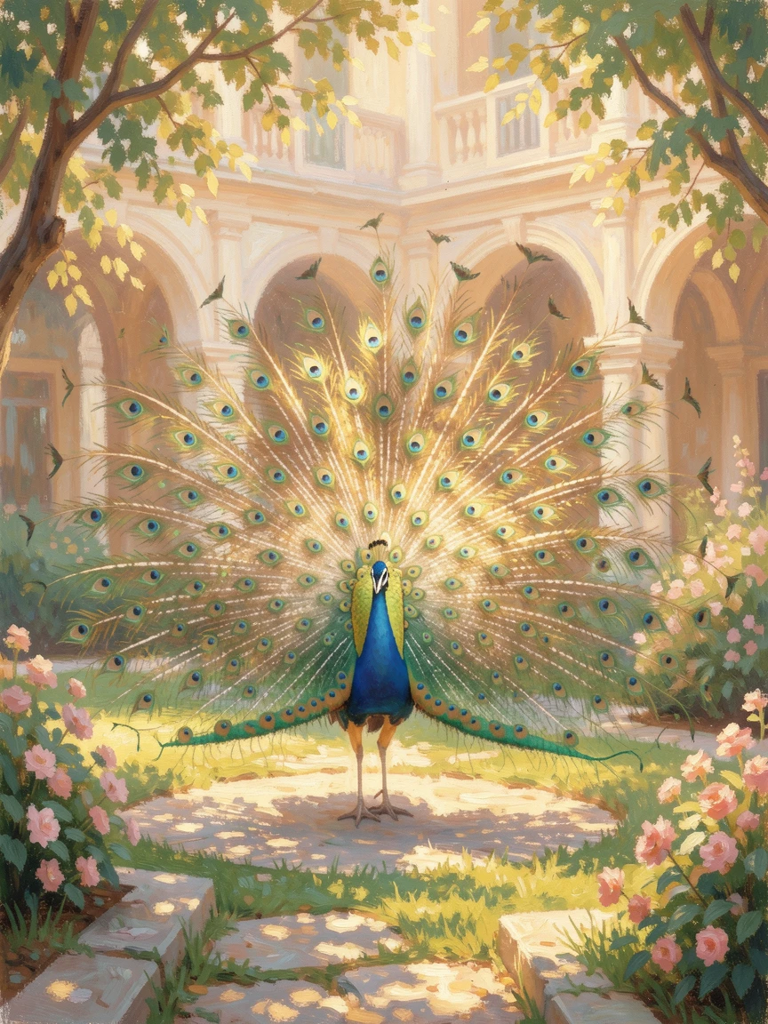 A peacock displaying its iridescent tail feathers in a sunlit palace garden.