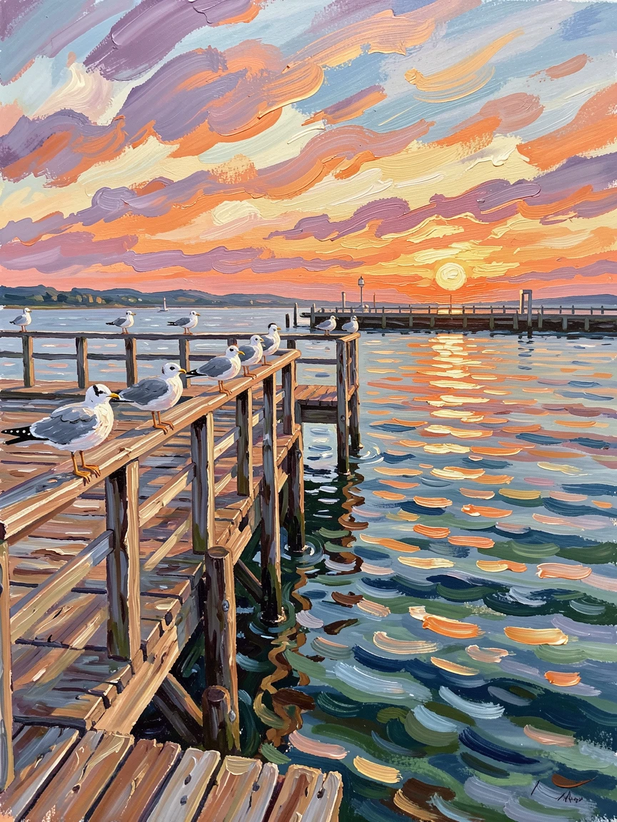 A weathered pier stretching into a calm harbor at sunrise, seagulls perched along the rail.