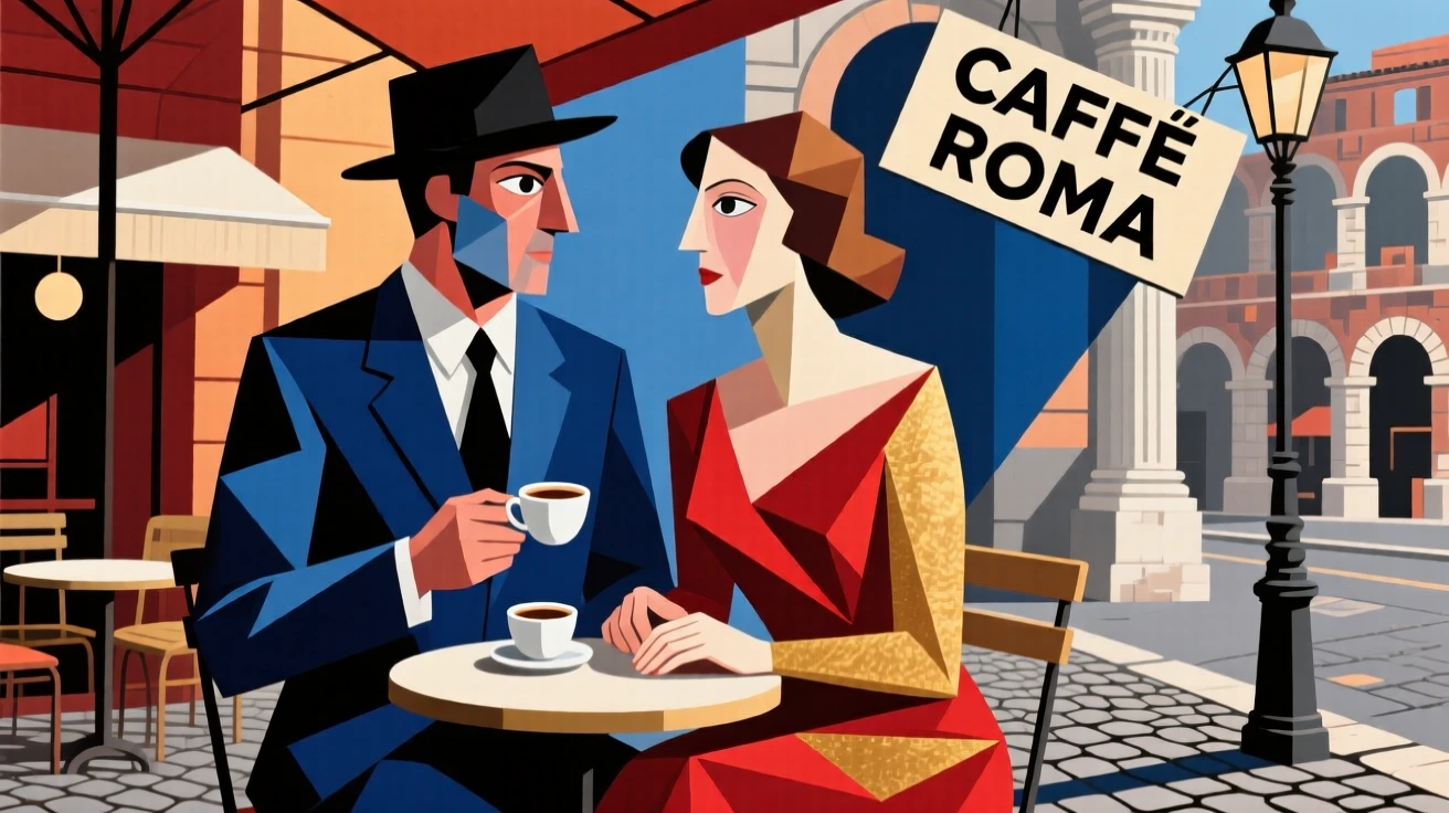 An elegant lifestyle scene of a well-dressed couple sipping espresso at a sidewalk café in Rome.
