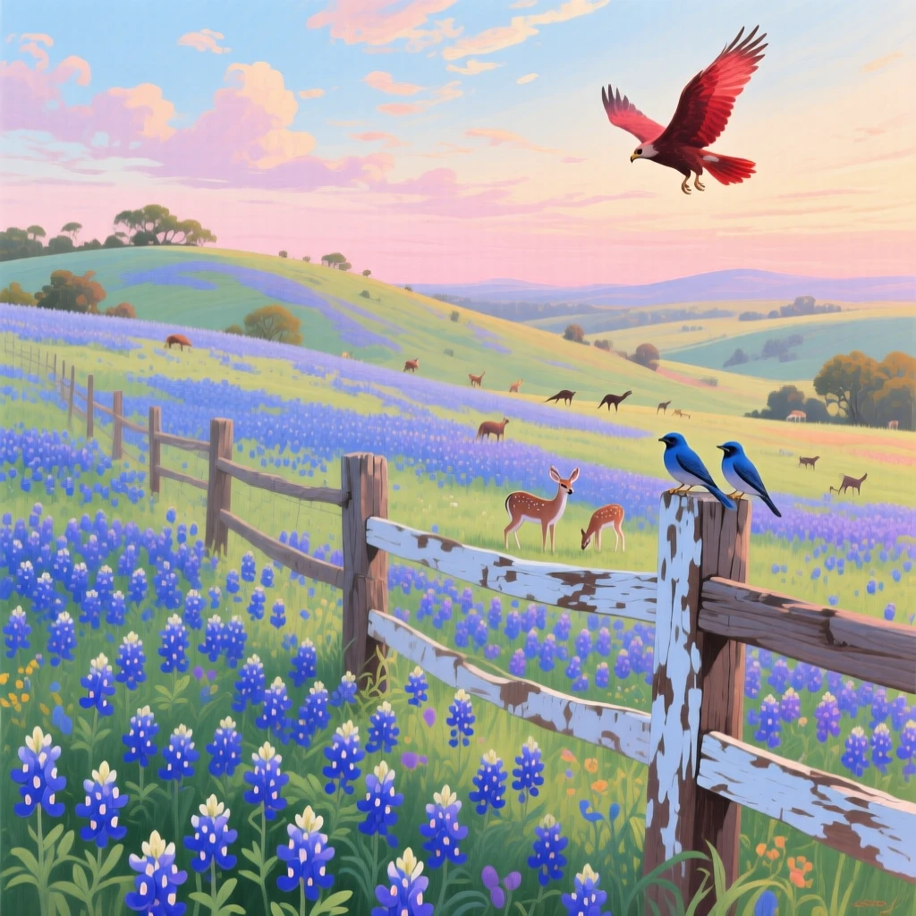 A field of wild bluebonnets carpets the Texas hill country in spring, a weathered wooden fence running through the blue expanse beneath a pastel sky, with scattered wildlife visible moving quietly through the middle distance of the composition.