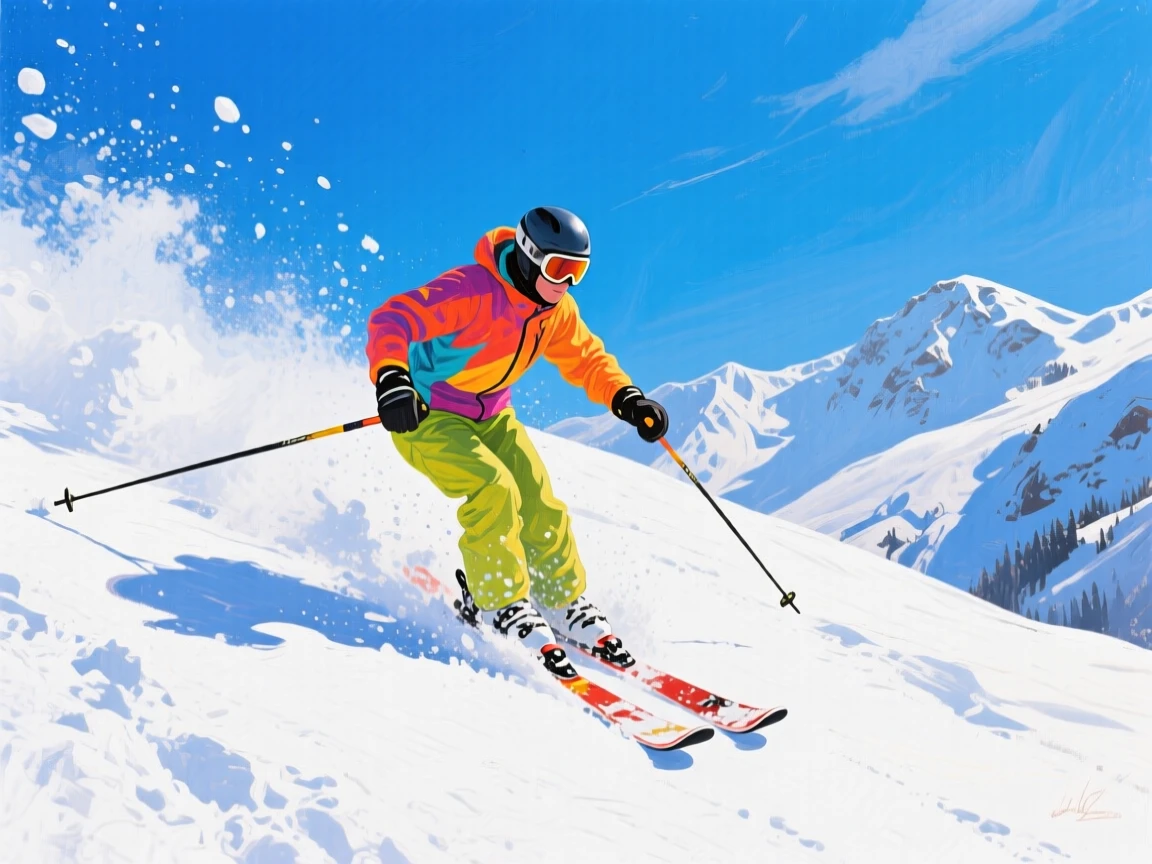 A skier carving fresh powder down a pristine alpine slope beneath a bluebird sky