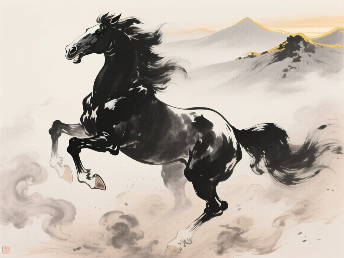 A horse rears on its hind legs in a cloud of dust, with distant mountains rimmed in golden light.
