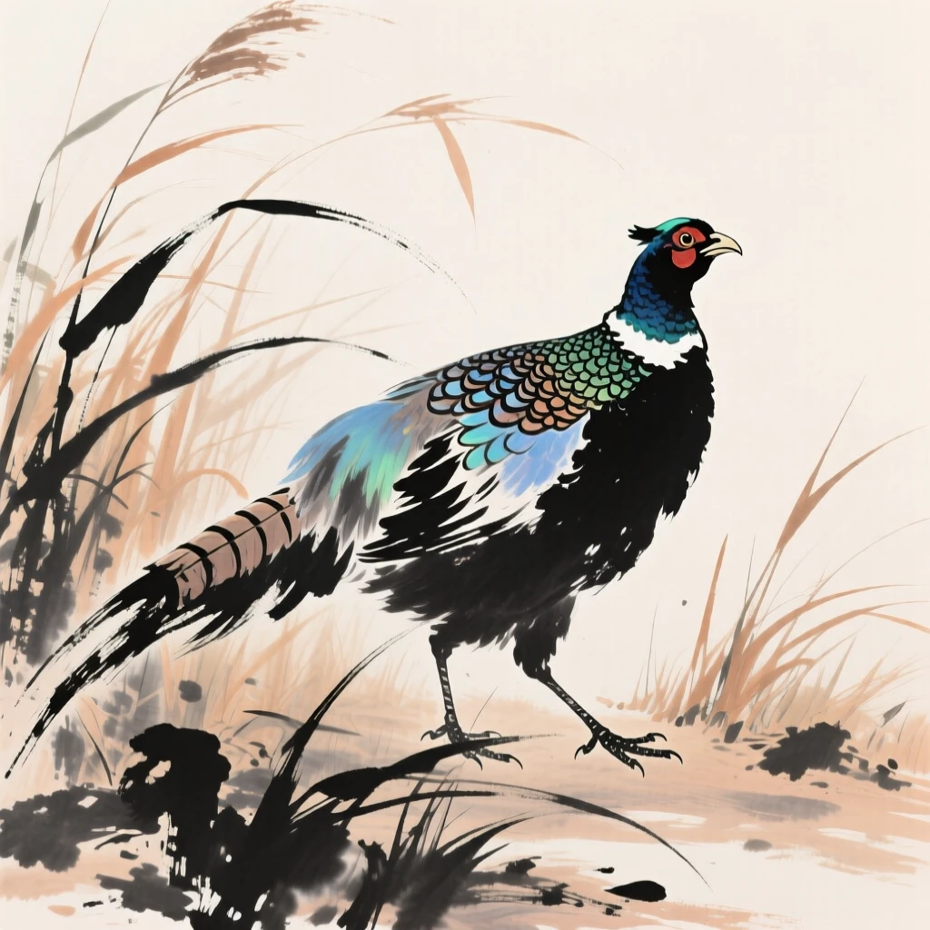 A pheasant with brilliant plumage stepping through tall grass, conveying a deep sense of harmony with nature.