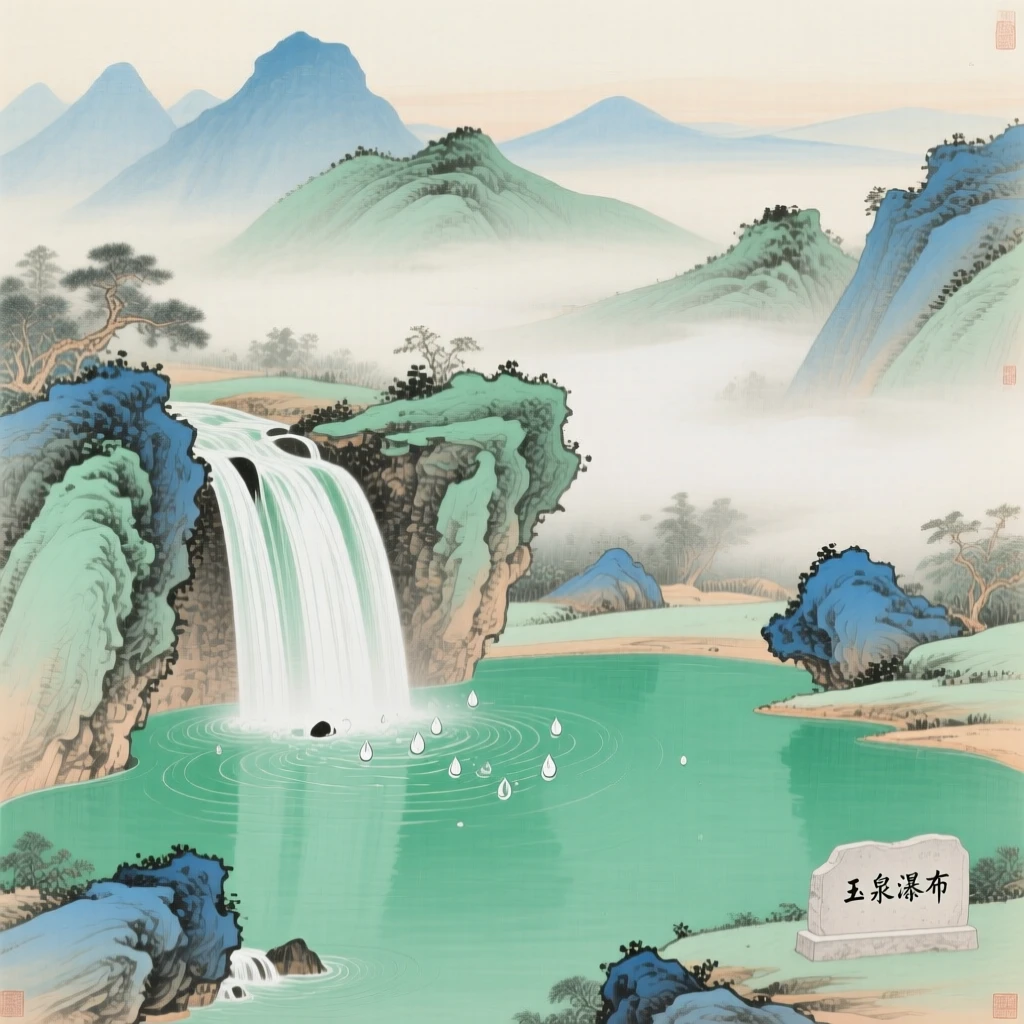 A waterfall cascading into a jade-green pool, with distant peaks fading into layers of mist
