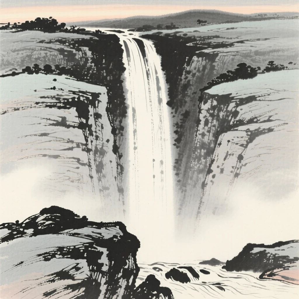 A tall waterfall cascading down layered granite rock as evening shadows stretch long across the land, framed low, with the foreground rocks leading the eye toward the distance, capturing a fleeting, serene moment suspended in time.