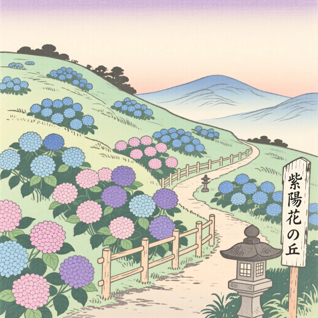 A hillside of blooming hydrangeas under a soft pastel sky.